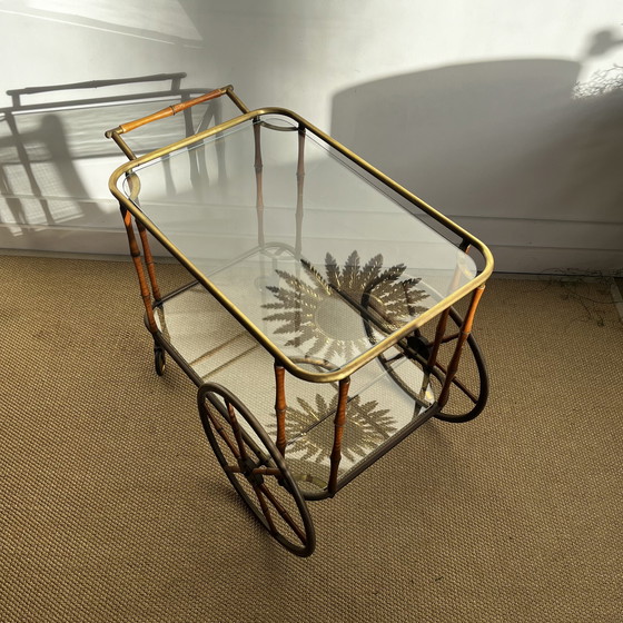Image 1 of Faux Bamboo brass bar cart trolley serving trolley vintage