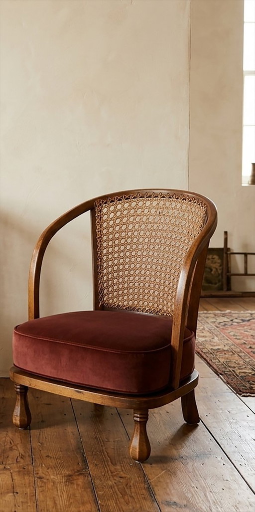 Sillón Bergère inglés con respaldo de rejilla, años 1900