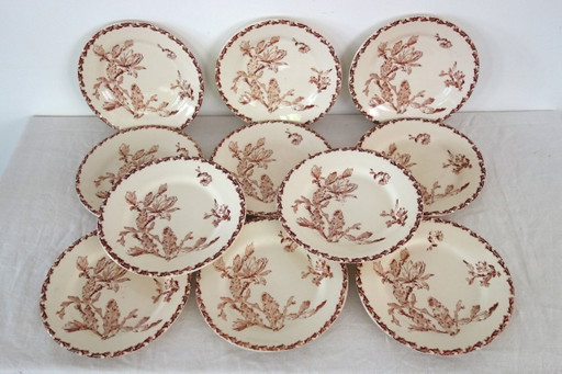 11 platos Gien, diseño Cactus, circa 1900