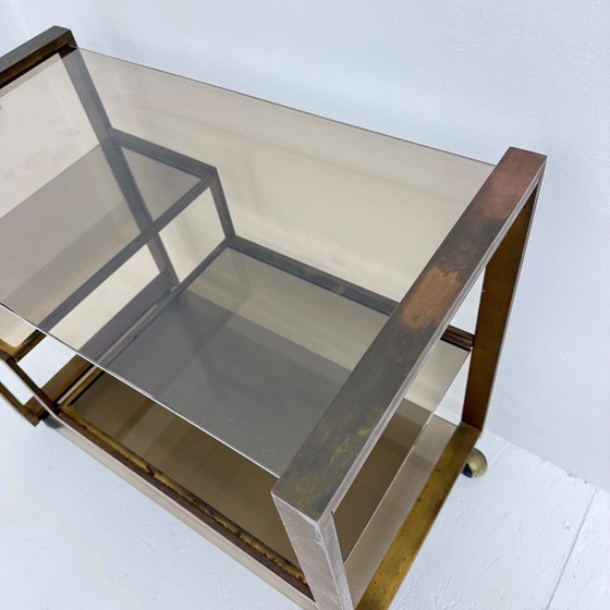 Image 1 of Barwagen aus Messing mit Rauchglas aus der Mitte des 20. Jahrhunderts, 1970er Jahre