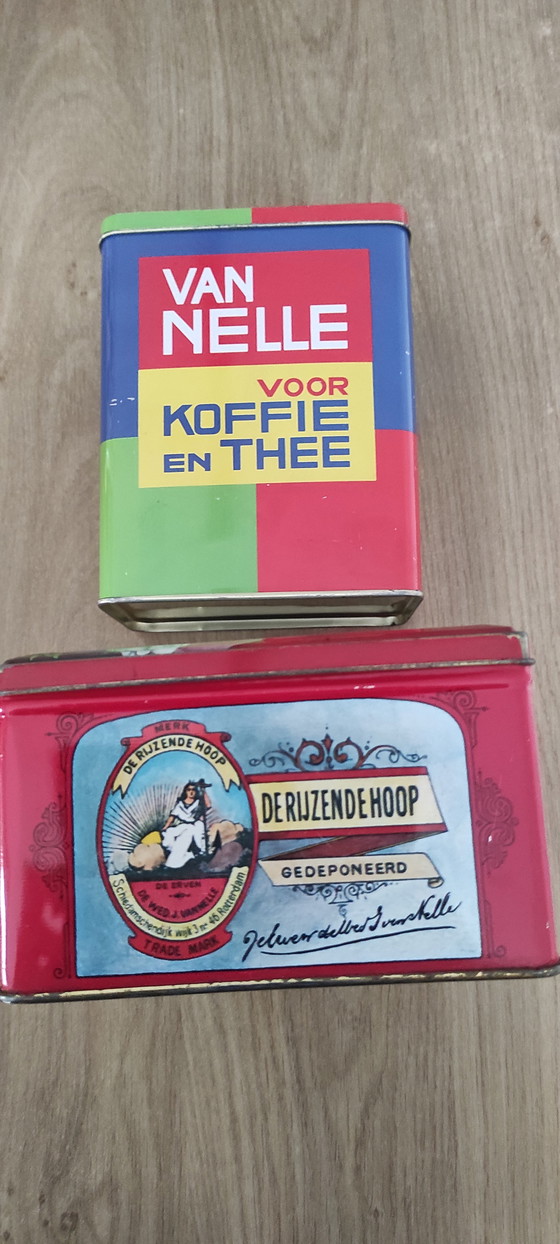 Bellissimo set di 14 scatole di latta pubblicitarie vintage, tra cui Verkade, Van Nelle e Droste. (photo 4 of 14)