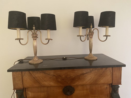 Art Deco pair of three-armed table lamps, 1930s