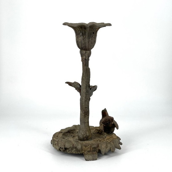 Image 1 of Antiker figürlicher Kerzenleuchter mit Vögeln, Zinkguss, um 1880–1900