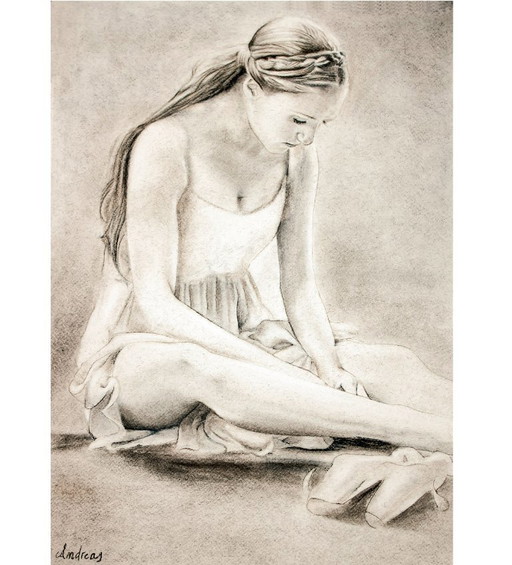 Charcoal drawing of a seated ballerina. Painting of a ballerina. New.