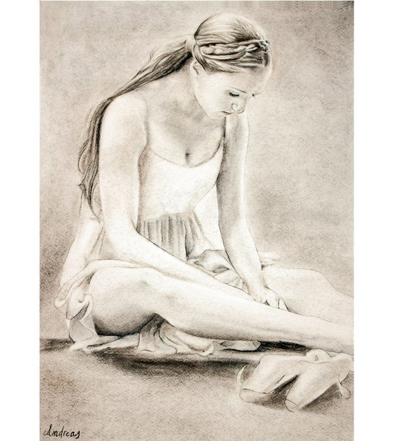 Image 1 of Charcoal drawing of a seated ballerina. Painting of a ballerina. New.