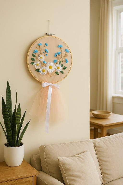 Handmade Embroidery Hoop Wall Art – Daisies & Blue Wildflowers on Tulle with Peach Tulle Tail – 31 cm