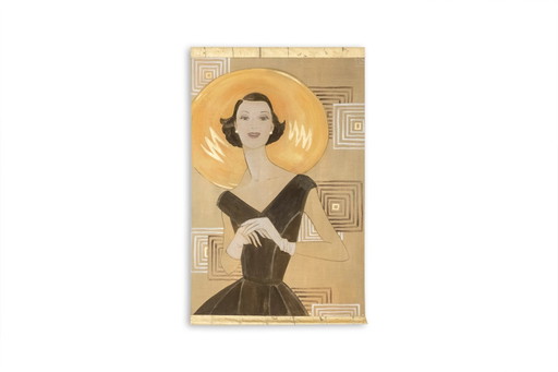 Tela dipinta raffigurante una donna elegante degli anni '50. Contemporanea.