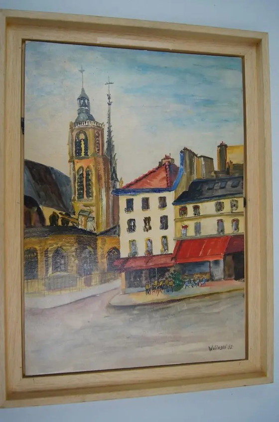 1980er Georges Wolinski "Blick auf Paris" Französisches Stadtbild Ölgemälde auf Holztafel, signiert und (photo 2 of 8)