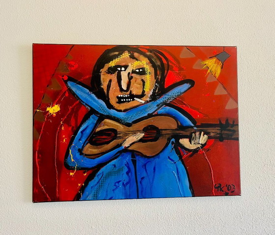 Image 1 of Original Abstract Painting Guitar Player Music Art Signed AK 2003 Modern Expressionist Colorful Wall Decor Canvas 