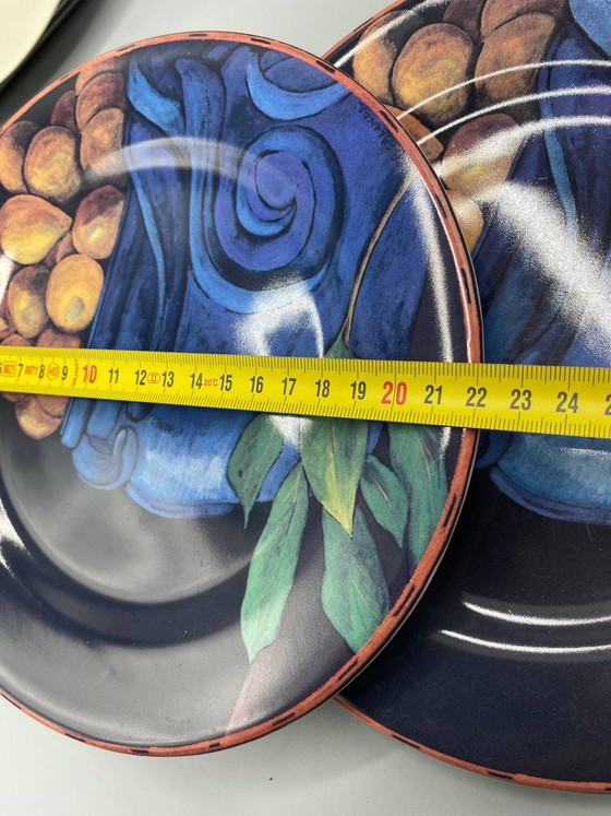 Gien Cueillette Collection, 8 Faience Pieces, Fruit Still Lifes Signed D. Lalande, Black Background (photo 9 of 9)