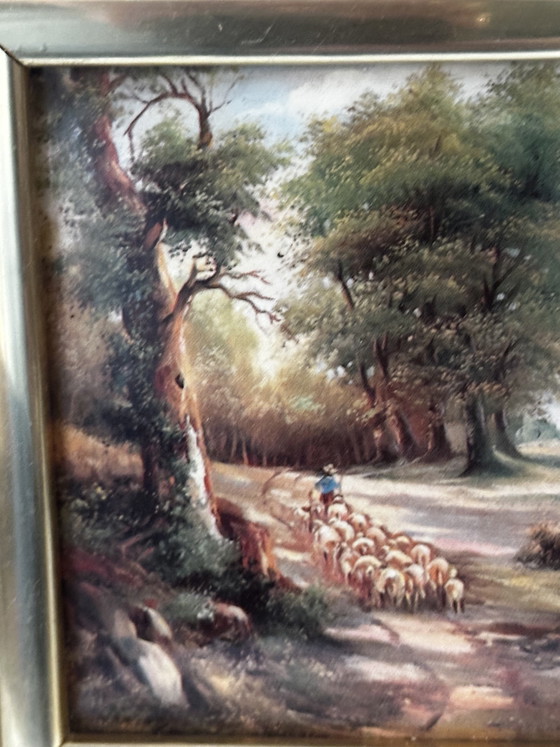 Enamel on Metal Signed ESTHER – Pastoral Landscape – Vintage Framed – Paintings & Drawings, Wood (photo 4 of 13)