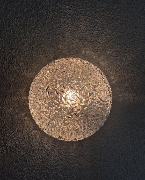 Image 1 of Pair of Glashütte Limburg 2791 Textured Ice Glass Flush Mount Ceiling / Wall Lights, Black Base, E27, Ø24.5 cm, Germany