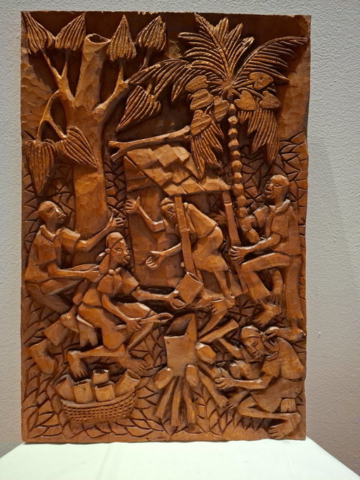 Prachtig groot houten reliëfpaneel – Gesigneerd Arius Bejamin (1975) – wanddecoratie, Wood