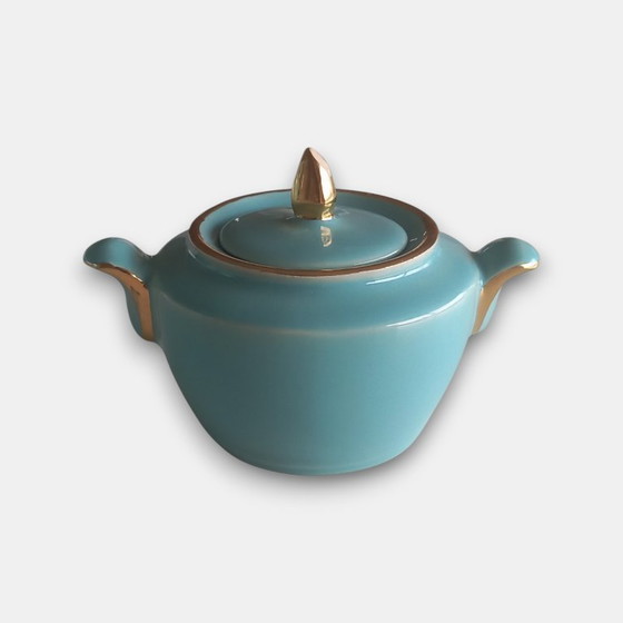 Image 1 of Vintage (1960-1970) handmade design tea set in turquoise glaze with gold accents – teapot and sugar bowl with lid