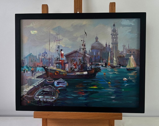 Original Oil Painting Gloomy Houses Landscape Boats bob at the city pier