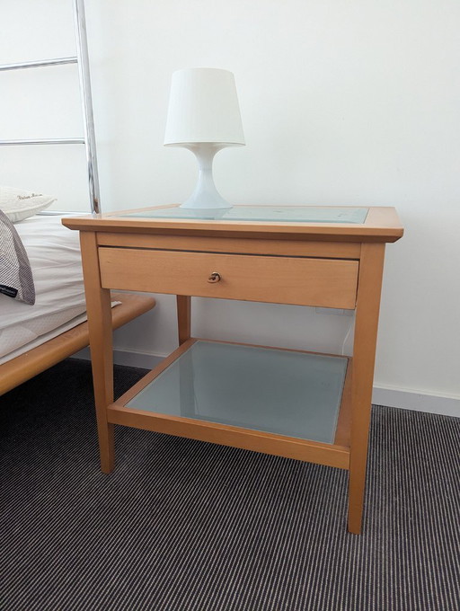 2x Bedside tables beech veneer/milk glass (Mobilia)