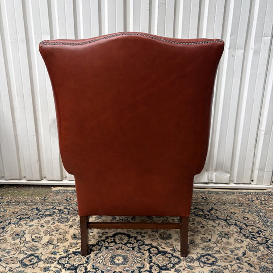 Queen Anne Style Classic English Wing Armchair – Leather, Wood (photo 2 of 5)
