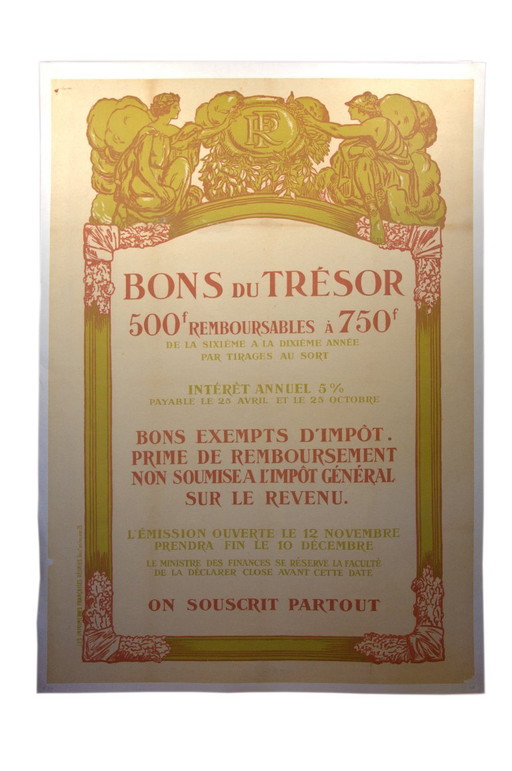 Cartel original sobre papel con soporte de lino "Bono del Tesoro al 5%", Economía Bancaria, París, 79x114cm. – posters, Paper