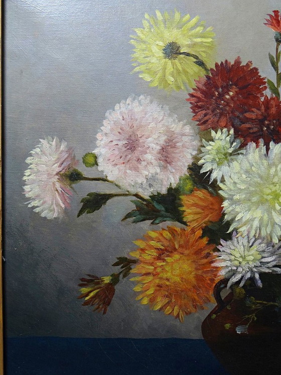 Image 1 of Oil painting on canvas, still life with chrysanthemums, signed L. Porte 1888