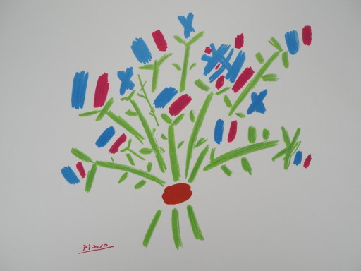 Pablo Picasso: The Blue, White, and Red Bouquet, Signed Lithograph – lithos zeefdrukken, Paper