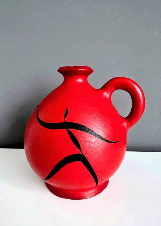 Ceramica Eneida Girona anni '60-'70, brocca rossa con linee tipo graffito., ceramiek Eneida, Vasi, Nero (foto 3 di 7)