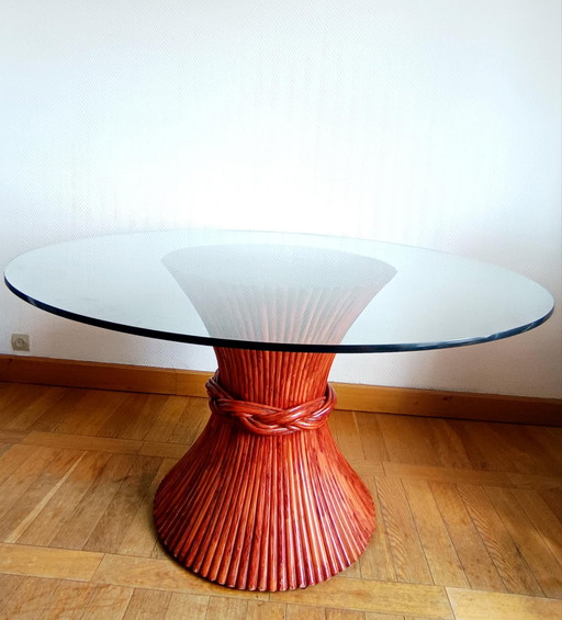 Maugrion for Roche Bobois, circa 1980 Table from the Le Rotin Prestige collection, wheat sheaf model.  Round table base