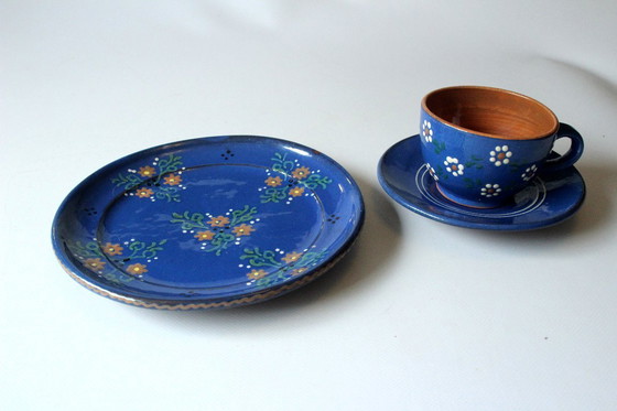 Image 1 of 2 Kaffeegedecke Keramik dunkelblau handgetöpfert handbemalt