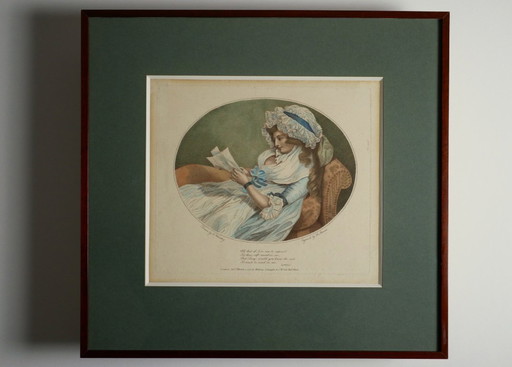 Woman Reading - Antique framed engraving by R. Stanier after Francis Wheatley