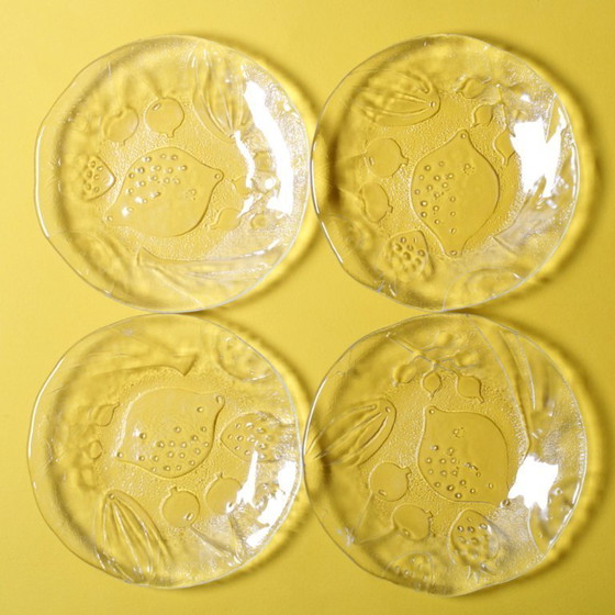 Image 1 of Set of 4 Kosta Boda Tropic Glass Dessert Plates, Scandinavian Fruit Design / 1989