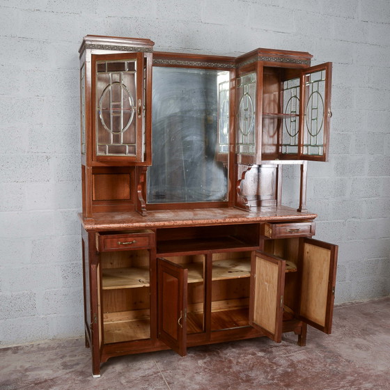 Tweedelige buffetkast met spiegel en 2 laden – Buffetkasten, Marmer, Art Nouveau (photo 6 of 14)