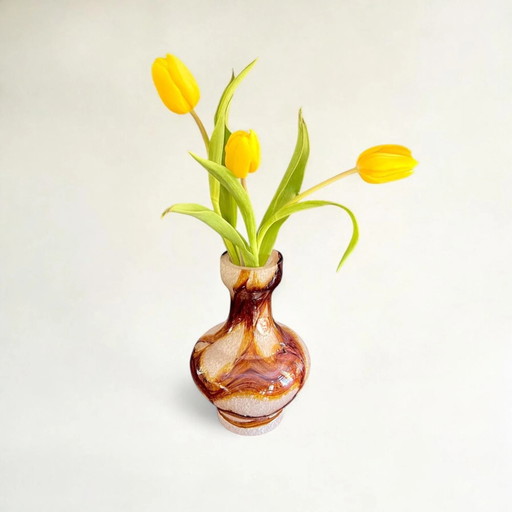 Foam Glass, Mid-Century Vase by Spiegelau with Brown Inclusions, Studio Glass, Hand-blown, Unused with Label