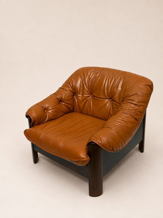 Vintage brutalistische loungestoel – Fauteuils, Leather, Wood, Mid Century Modern (photo 6 of 9)