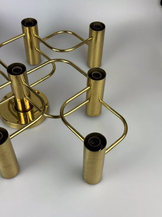 Image 1 of 60s 70s 9-lichts plafondlamp van Leola Leuchten Duitsland in messing