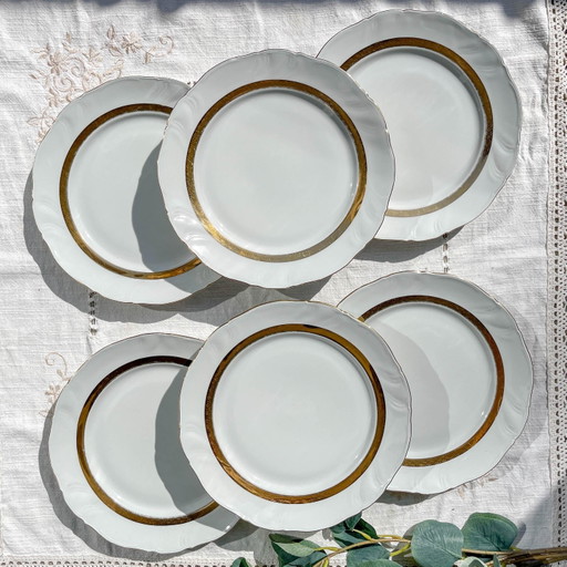 6 Vintage White and Gilded Porcelain Dinner Plates, French Limoges ADP "Ariane" - Elegant Antique French Tableware