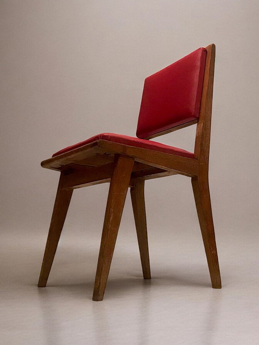 C. 1960 - Suite de Six Chaises Scandinaves en Skaï Rouge - Art Déco - France