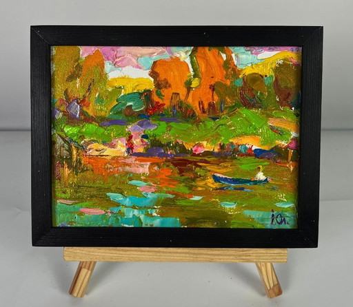Original Oil Painting Nature Landscape Forest Sunny River Bank