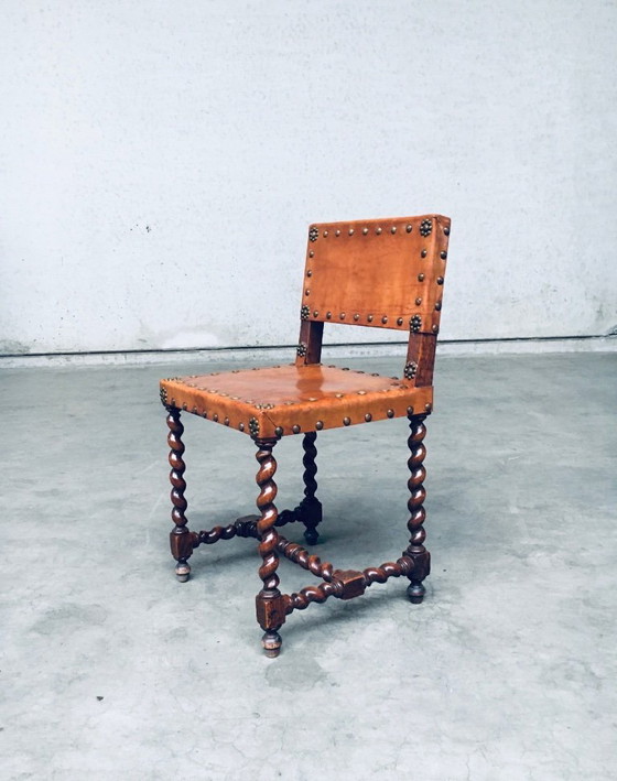 Image 1 of Englische Cromwell-Stühle aus hellbraunem Leder und Eiche, frühes 20. Jahrhundert