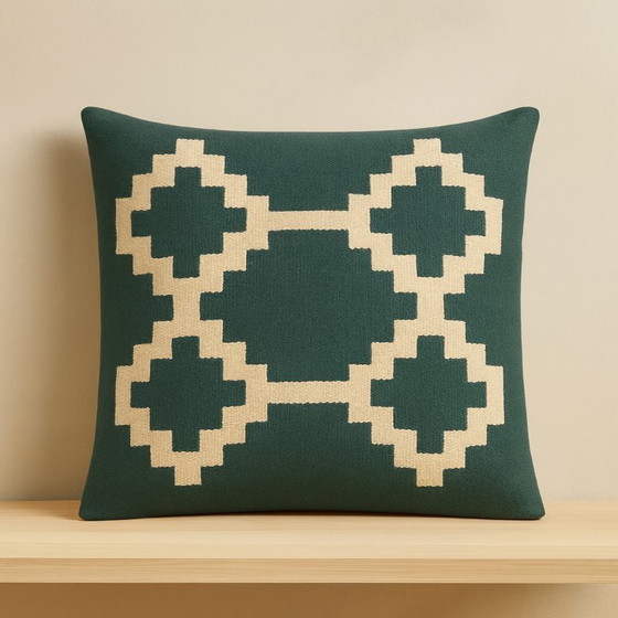 Image 1 of Handmade Egyptian Wool Cushion Cover "Senon" - 40×40 cm - Green & Cream - With Zipper - Excluding Inner Cushion