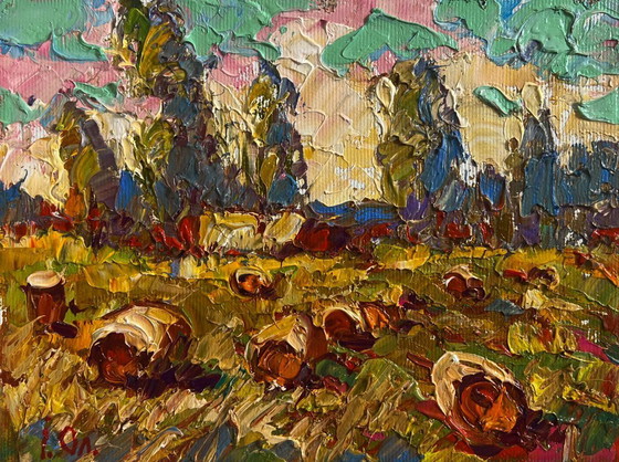 Image 1 of Original Oil Painting Summer Field Landscape Haystacks in the field