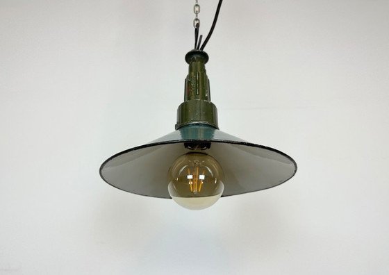 Image 1 of Industrial Petrol Enamel Military Pendant Lamp with Cast Aluminium Top, 1960s