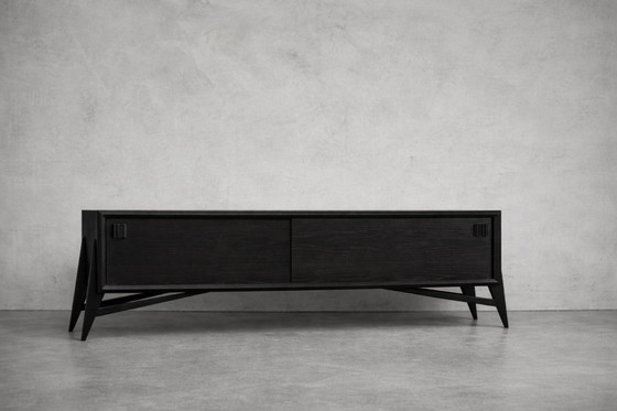 Image 1 of Vintage Mid-Century Scandinavian Modern Dark Oak Sideboard with Wooden Handles, 1960s
