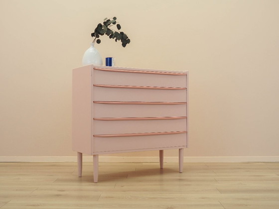 Dänische Kommode aus den 1970er Jahren in Rosa, vier Schubladen, Teakfurnier, massive Beine – Kommoden, Wood (photo 5 of 18)
