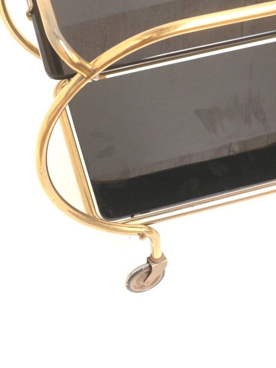 Image 1 of Carrello bar in ottone e vetro nero / carrello di servizio / tavolino di Grünstadt