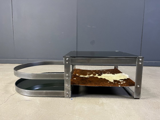 Image 1 of Tavolino da caffè in acciaio e cuoio di Willy Rizzo, anni '70