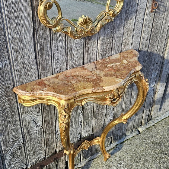 Image 1 of Set di consolle vintage in marmo dorato francese e specchio barocco - stile Luigi XV