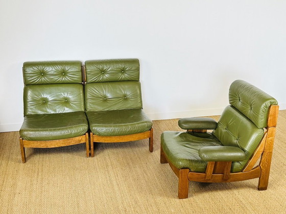 Image 1 of Scandinavian sofa in green leather and oak, 1960, Set of 3