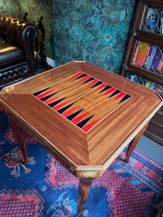 Image 1 of Tavolo multigioco intarsiato italiano di metà secolo in noce e mogano, c. 1960