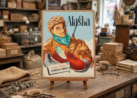 Vintage 1950 Advertising Sign Alaska Pantoffels - 42x30, Wall decoration, Paper, Brown (photo 5 of 5)