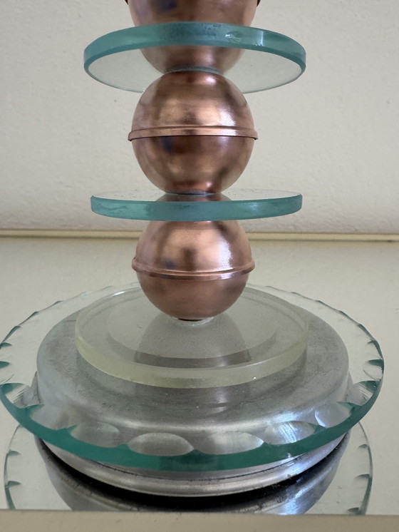 Image 1 of Kleine Art Deco glazen en koperen Bauhaus lamp
