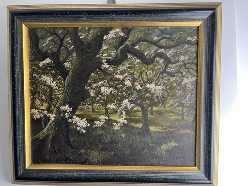 Bern. Dons – Oil on Panel – Flowering Orchard – schilderijen tekeningen, Wood
